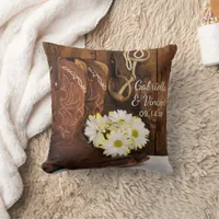 Cowboy Boots, Daisies Horse Bit Country Wedding Throw Pillow