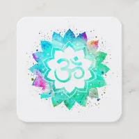 ~* Blue Green Lotus Flower Mandala Om Aum Symbol Square Business Card