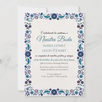 Navy White Floral Elegant Classic Spanish Wedding Invitation