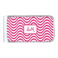 Monogram Pink & White Wavy Stripes Psychedelic Silver Finish Money Clip