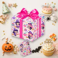 Cute Pastel Pink Kawaii Little Witch Birthday Wrapping Paper Sheets