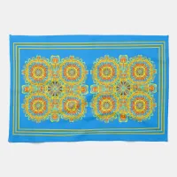 Aztec Pattern Blue Orange Gold Hand Drawn Art  Kitchen Towel