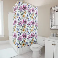 Watercolor Pretty Purple and Yellow Floral  Shower Curtain