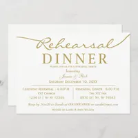 white and gold Elegant Script Rehearsal Dinner Invitation