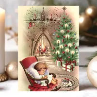 Vintage Christmas Kitten Sleeping Baby Fireplace Holiday Card