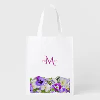 Violet pansies flowers white monogram name grocery bag