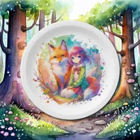 Pretty Watercolor Anime Girl and Fox Birthday Paper Plates