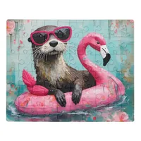Otter Floating on a Pink Flamingo Funny Collage Jigsaw Puzzle