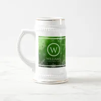 Festive Green Foil Snowflakes Monogram Name Beer Stein