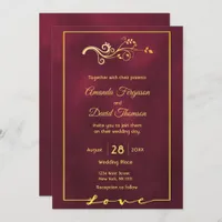 Wedding invitation card burgundy faux gold decor