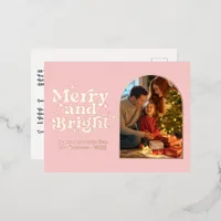 Rose Gold & Blush Merry and Bright Retro Christmas Foil Holiday Postcard