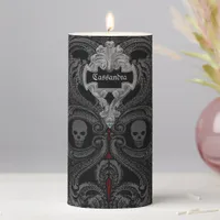 Goth Gray Ornament with Skull Personalized Pillar Candle