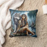 Native American Woman Sitting By River With Wolf Throw Pillow