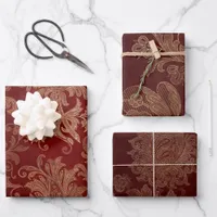 Plush Burgundy Red and Gold Damask Wrapping Paper Sheets