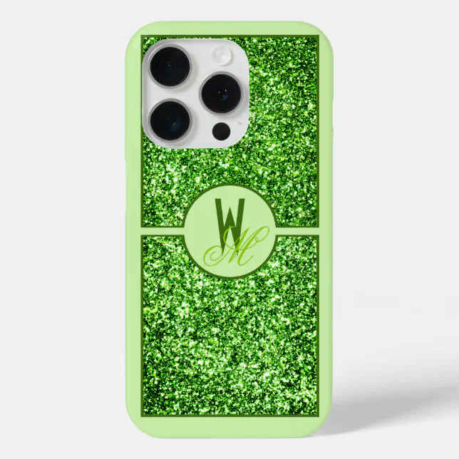 Elegant Green Glitter Monogrammed  iPhone 15 Pro Case