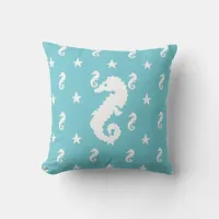 Aqua Blue Seashell and Seahorses Pillow