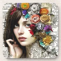 Collage Art | Pretty Girl with Flowers in her Hair Beverage Coaster