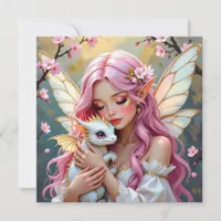 Pink Haired Fairy and White Baby Dragon Blank Card