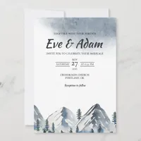 Snowy Mountain Peak Pine Watercolor Winter Wedding Invitation