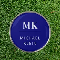 Navy blue white monogram initials name golf ball marker