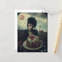 Goth Woman with retro gelatin salad pink flamingo Postcard