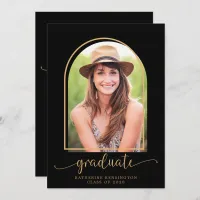 Boho Arch Minimalist Black Gold Photo Graduation Invitation