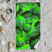 Neon green planets - pattern in 3D optics  Beach Towel