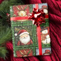 Green Tartan Santa Snowman Reindeer Christmas Wrapping Paper