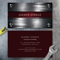 Industrial Metal and Burgundy Accent Business Card