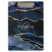 Trendy Monogram Navy Blue Gold Agate Clipboard