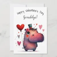 Cute Whimsical Hippo Valentine's Day Flat Card