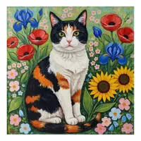 Calico Cat and Folk Art Sunflowers