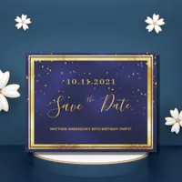 80th birthday dark blue gold save the date postcard