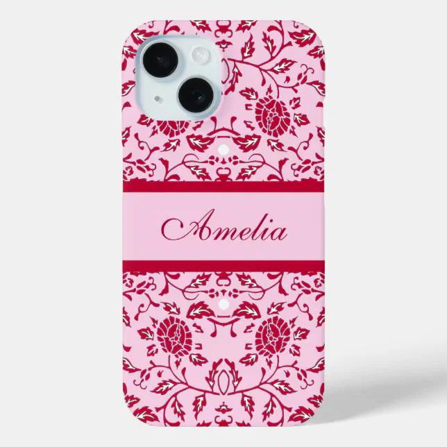 Elegant Flowery Pink and Red Damask iPhone 15 Case