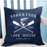 Family Name Lake House Rustic Blue Wood Throw Pillow