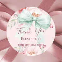 Bow pink sage green florals thank you birthday classic round sticker