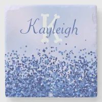 Simple Blue Brushed Metal and Glitter Monogram | Stone Coaster