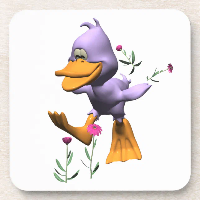 Cute Happy Cartoon Duck Running Through Flowers Coaster