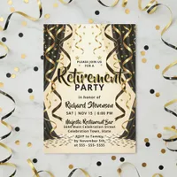 Elegant Black Gold Streamers Retirement Party Invitation