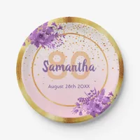 80th birthday rose gold purple florals name paper plates