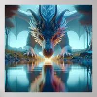 Mystical Blue Dragon Looking at Reflection in Wate Poster