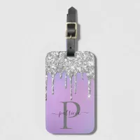 Glam Silver Glitter Drips Elegant Monogram Luggage Tag