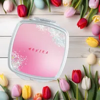 Pink Holo Blush Glitter Metal Monogram Name Compact Mirror