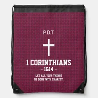 Maroon Blue Flowers Pattern Bible Verse Christian Drawstring Bag