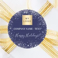 Christmas blue silver glitter business logo classic round sticker