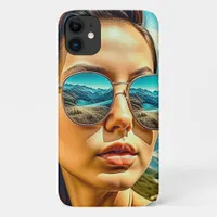 Beautiful Woman in Sunglasses Mountain Reflectoin iPhone 11 Case