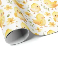 Cute Yellow Chicks and Flowers Wrapping Paper