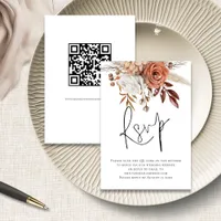 Boho Rust Florals Script QR Code Wedding RSVP card