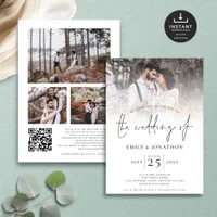 Modern Script 4 Photos Overlay QR Code Wedding  Invitation