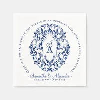Monogram Crest Old Print Royal Blue Wedding Napkins